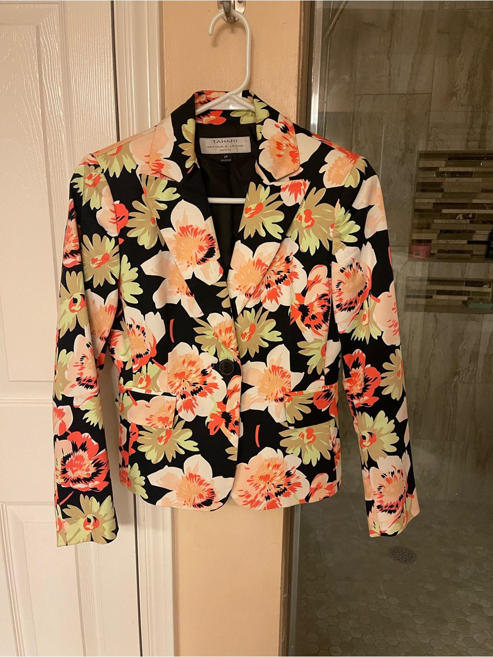 Tahari Black Floral Blazer with Coral and Cream Blooms